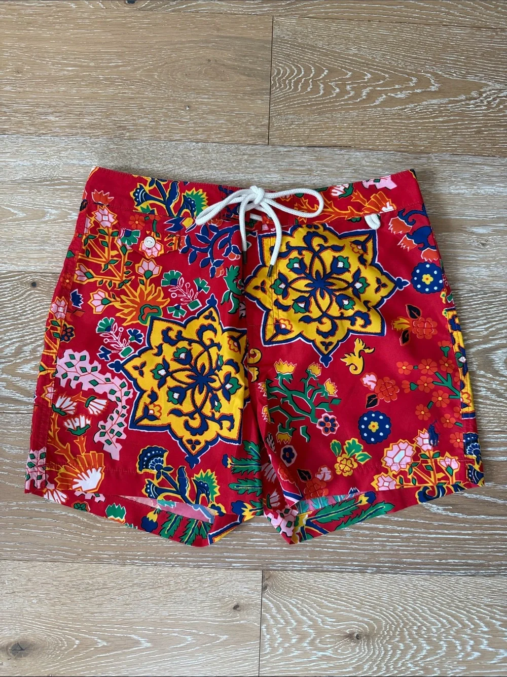 Men's Red Floral Swim Shorts with Drawstring Waist